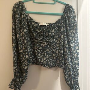 Astr dark aqua Blue Floral tie blouse
